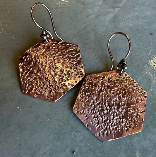 Earrings Copper Hexagon Hammered