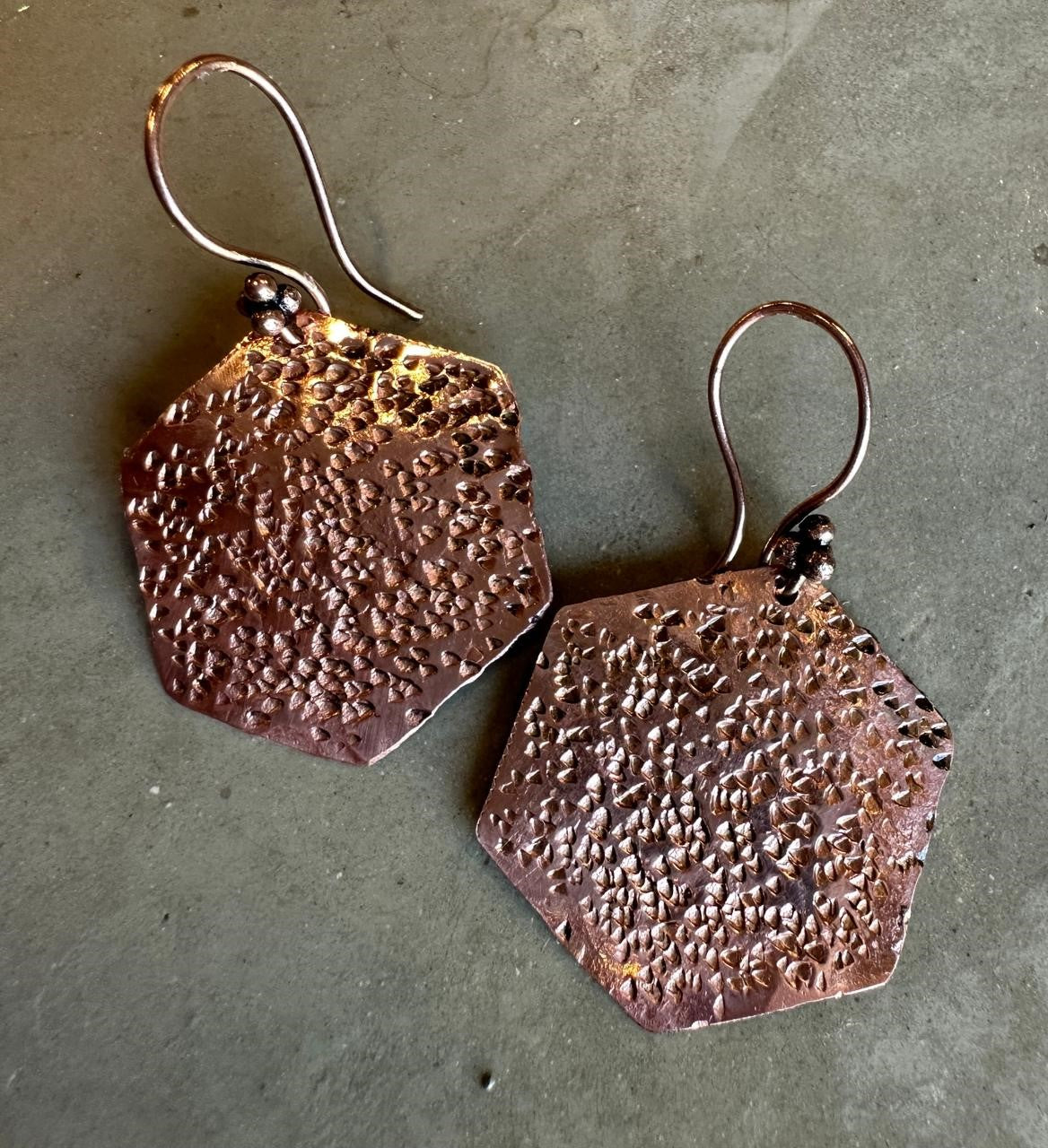 Earrings Copper Hexagon Hammered